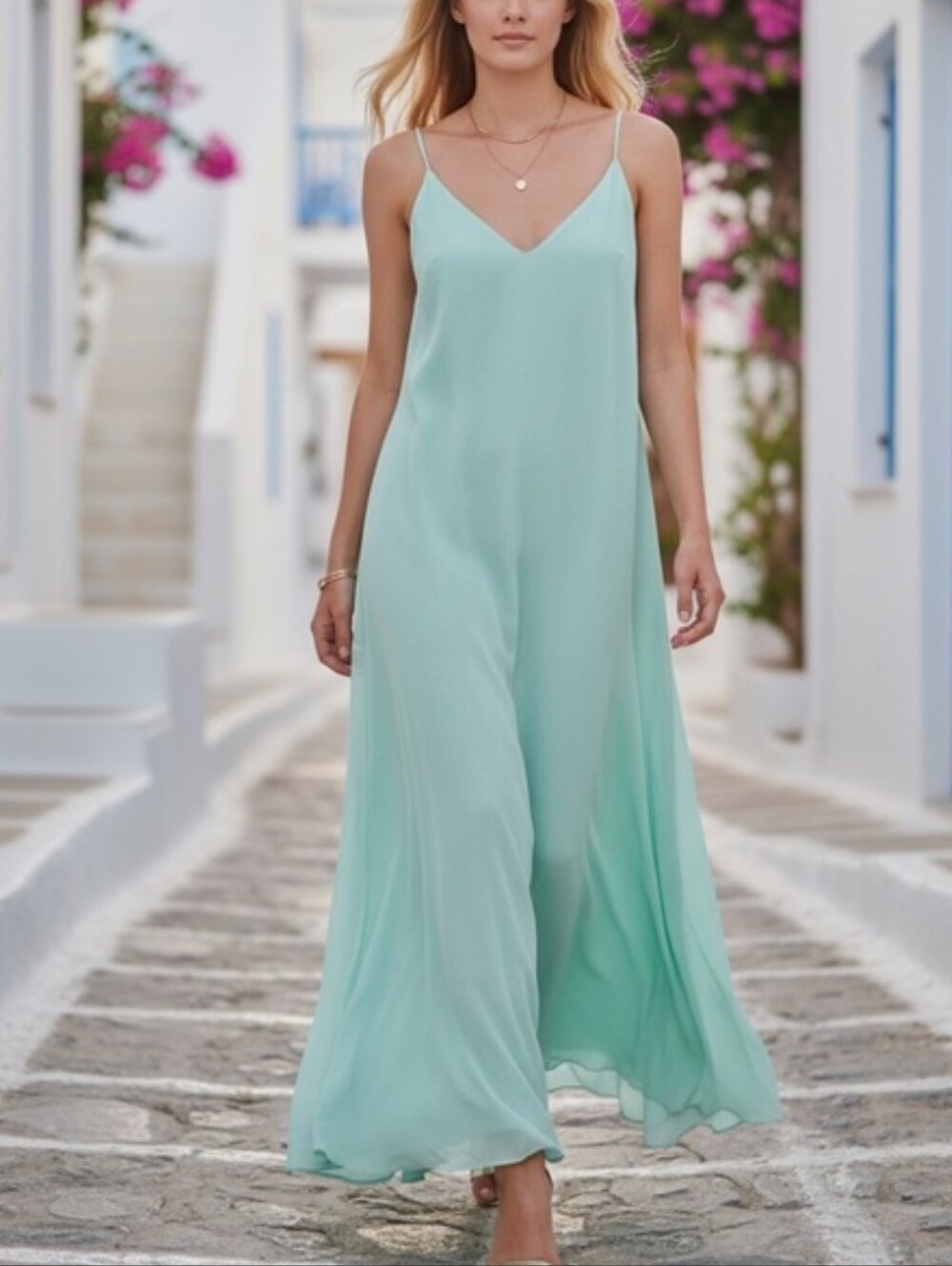 Hers&Mine flowy Slip Maxi Dress V-Neck in a mint color size L new with tags